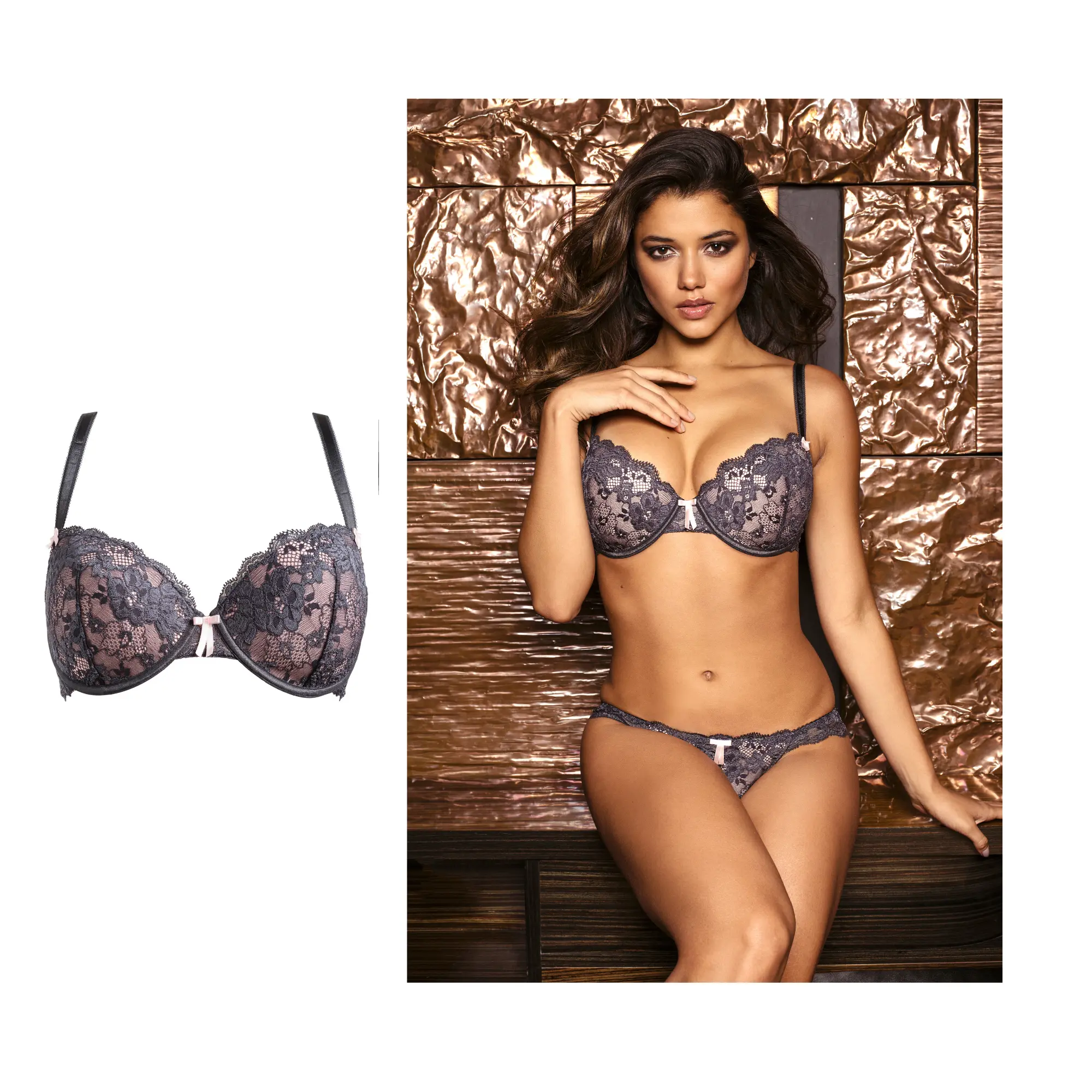 Diaz Satin And Bow Open Cup Bra Set