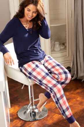 Cosy Check Cuffed Lurex Trouser - Coral/Navy