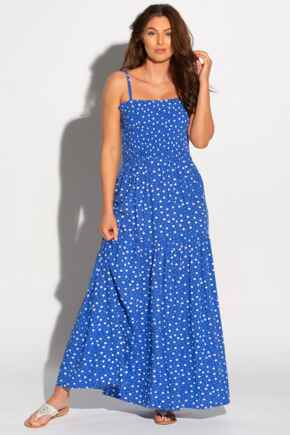Removable Straps Tiered Skirt Maxi Dress - Blue/White