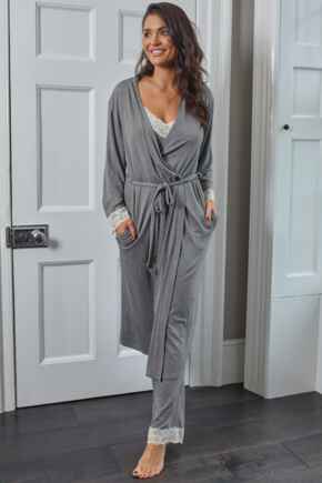 Sofa Loves Lace Longline Soft Jersey Gown - Dove Grey/Ivory