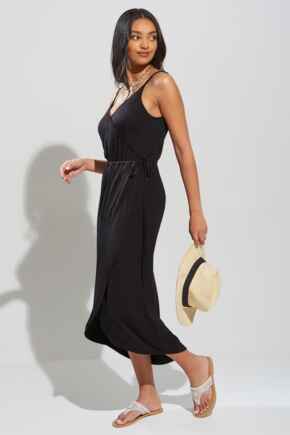 Stripe Jersey Midi Wrap Dress - Black