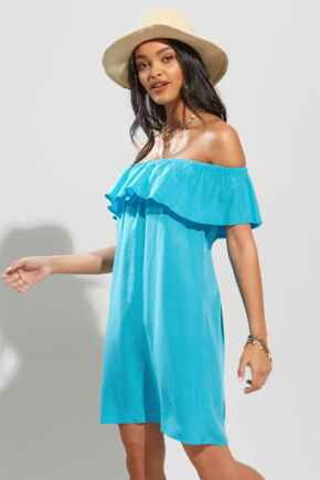 Textured Woven Bardot Beach Dress - Bright Aqua