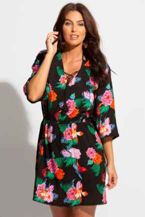 Woven Elasticated Waist Beach Cover Up - Black Floral