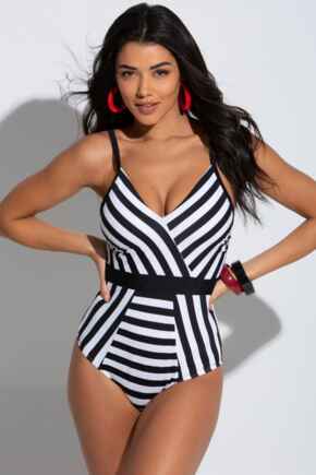 Stripe Panelled Control Swimsuit - Black/White