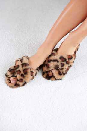 Faux Fur Crossover Slider Slipper  - Tan Leopard
