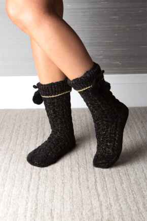 Chenille Sequin Slipper Sock  - Black/Gold
