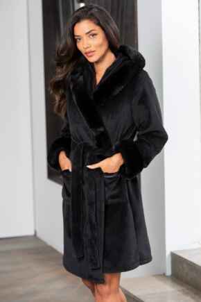 Faux Fur Trim Dressing Gown - Black