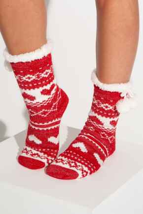 Fairisle Lurex Knit Cosy Slipper Sock - Red/White