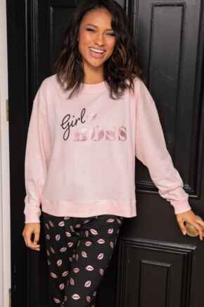 Girl Boss Cotton Jersey Jogger Pyjama Set  - Black/Blush