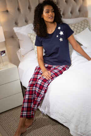 Cosy Check Trouser and Jersey T-Shirt Pyjama  - Navy/Red