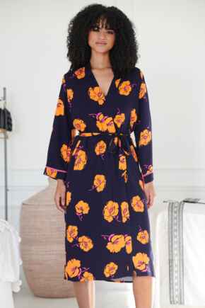Luxe Woven Twill Longline Gown - Navy/Orange Floral