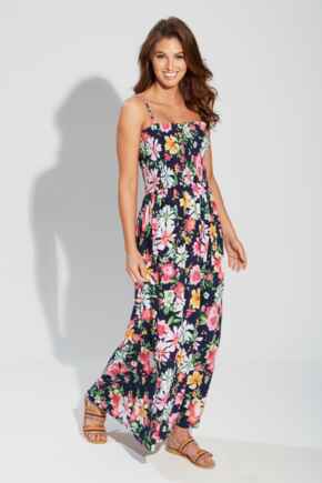 Removable Straps Shirred Bodice Maxi Dress - Navy Meadow