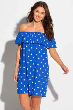 Textured Woven Bardot Beach Dress - Blue/White