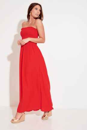 Removable Straps Shirred Bodice Maxi Dress - Red