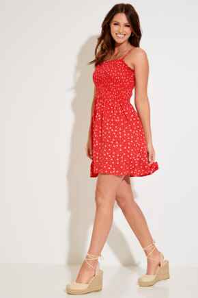 Removable Straps Shirred Bodice Short Dress  - Red/Pink
