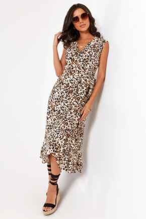 Midaxi Wrap Beach Dress - Neutral Leopard