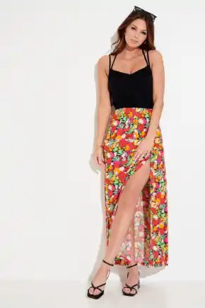 Cross Back Strappy Jersey Woven Mix Maxi Dress - Pink/ Red/ Black