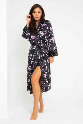 Luxe Satin Print Mix Longline Gown - Black/Lilac