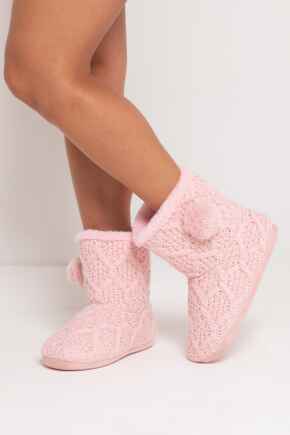 Cable Knit Bootie Slipper - Blush