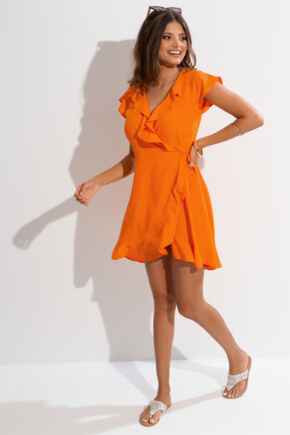 Woven EcoVero™ Frill Wrap Dress - Orange