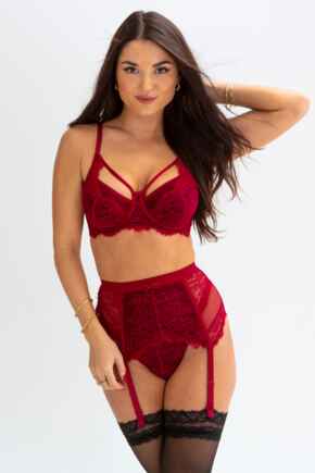Dark Romance Underwired Bra Deep Brief Set - Red/Black