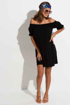 Woven Puff Sleeve Belted Bardot Dress - Black