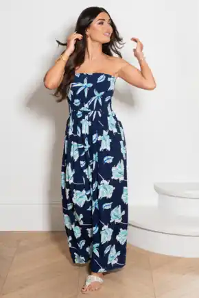 Removable Straps Shirred Bodice Maxi Dress - Navy Tropical
