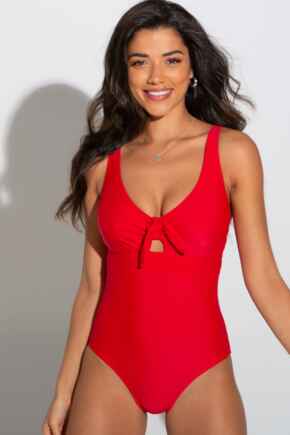 Underwired Bow Front Tummy Control Swimsuit - Red