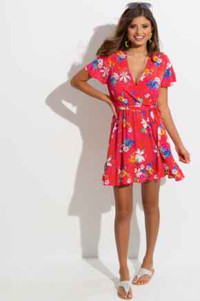 Woven EcoVero™ Tiered Wrap Dress - Red Tropical