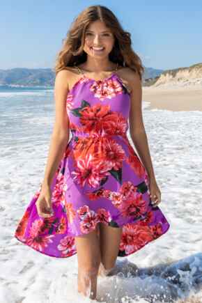 Gold Chain High Neck Beach Dress  - Ultraviolet Floral