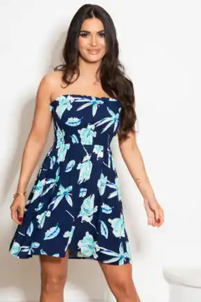 Removable Straps Shirred Bodice Short Dress  - Navy Tropical