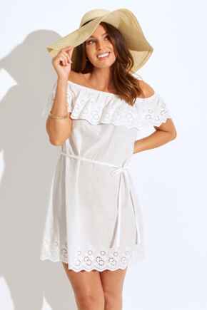 Cotton Broderie Bardot Mini Beach Dress - White