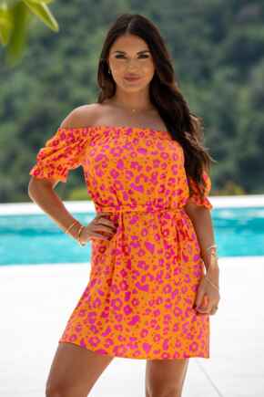 Woven Puff Sleeve Belted Bardot Dress - Orange/Pink