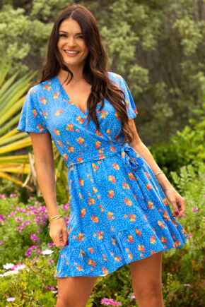 Woven EcoVero™ Tiered Wrap Dress - Blue Floral