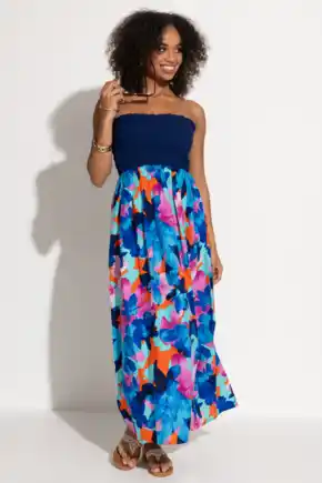 Strapless Shirred Bodice Maxi Beach Dress - Aqua Floral