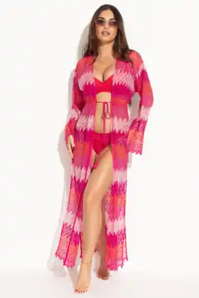 Colour Block Crochet Co-ord Maxi Beach Kimono - Red/Pink