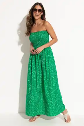 Strapless Shirred Bodice Maxi Beach Dress - Green Spot