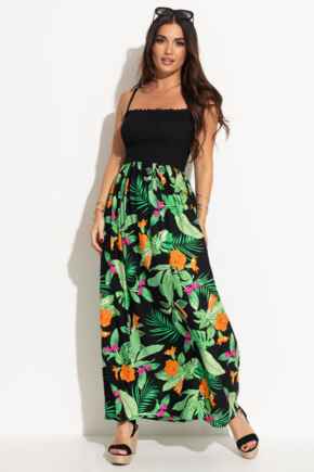 Strapless Shirred Bodice Maxi Beach Dress - Tropical
