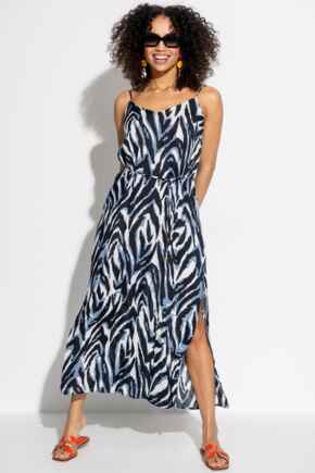 Sheer Viscose Tie Belt Maxi Beach Dress - Blue Print