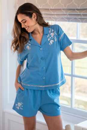 Cotton Jersey Embroidered Revere Collar Shirt and Short Set - Blue/White