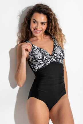 Indonesia Twist Front Ruched Tummy Control Swimsuit - Black/White