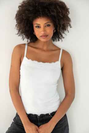 Ribbed Cotton Lace Trim Hidden Bra Cami Top - White
