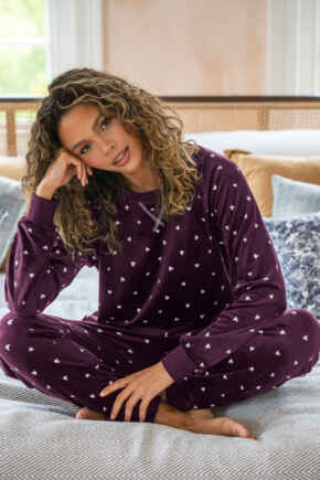 Cosy Fleece Sweatshirt and Jogger Pyjama Set - Plum/White