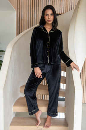 Velour Contrast Trim Pyjama Set - Black/Champagne