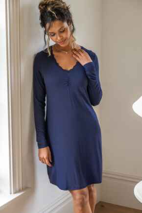 Sofa Loves Lace Long Sleeve V-Neck Hidden Support Nightdress - Navy