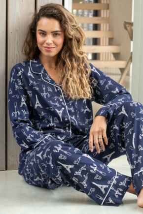 Cotton Jersey Revere Collar Pyjama Set - Navy/White