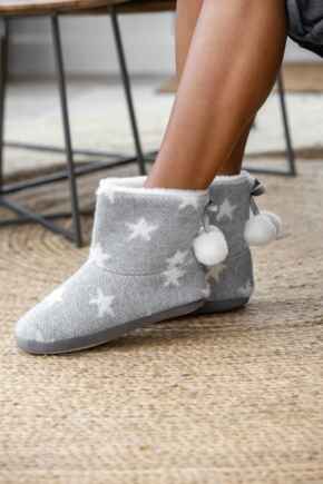 Star Knit Faux Fur Lined Bootie Slipper - Grey/Ivory