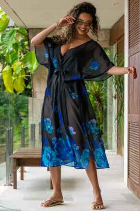 Recycled Luxe Maxi Chiffon Kimono - Black Floral