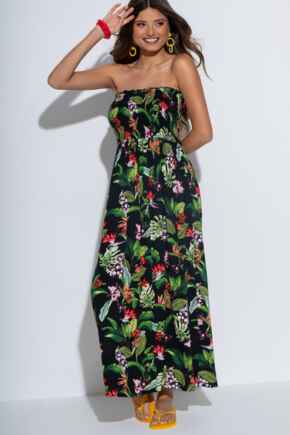 Strapless Shirred Bodice Maxi Beach Dress - Black Tropical