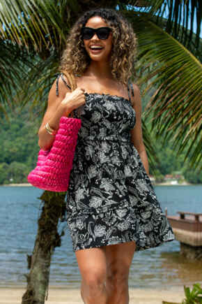 Strapless Shirred Bodice Frill Beach Dress - Black/White